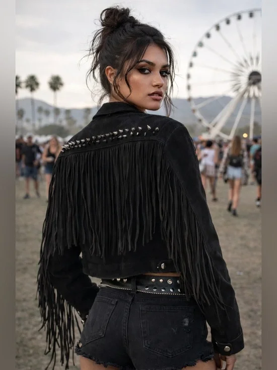 Forever 21 Black Suede Fringe Jacket Spiked Cowgirl Western Festival Punk Small - Picture 3 of 15